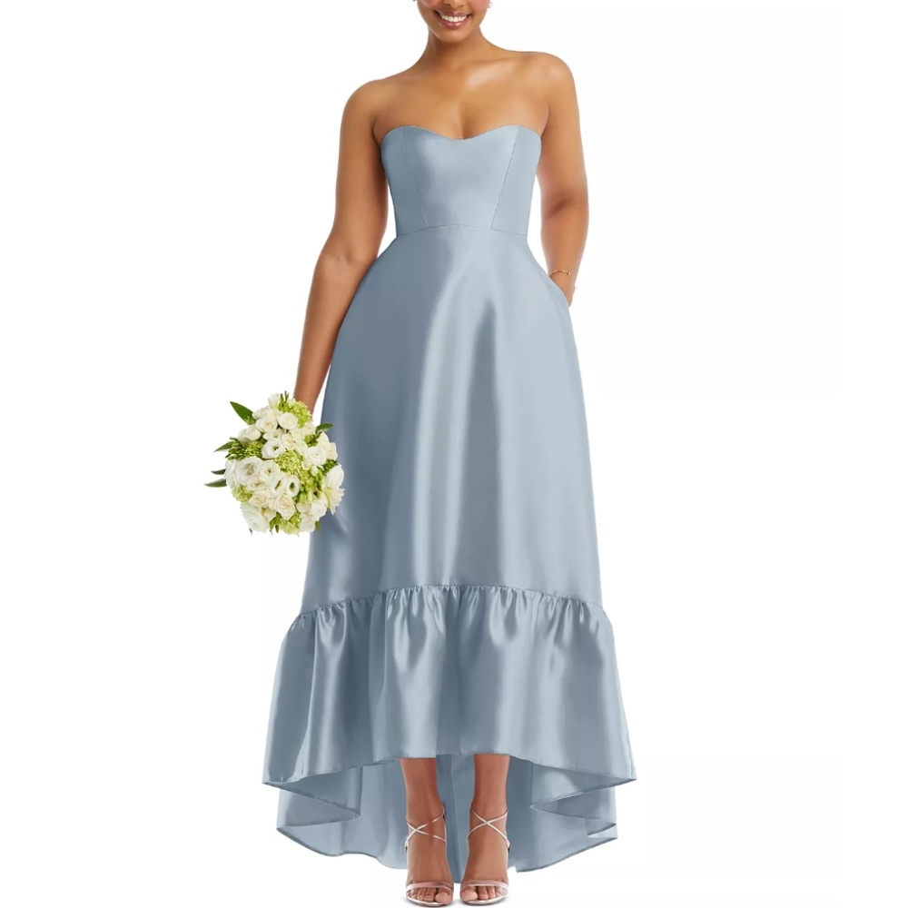 NWT Alfred Sung Women's Strapless Ruffled High-Low Gown in Mist (blue)